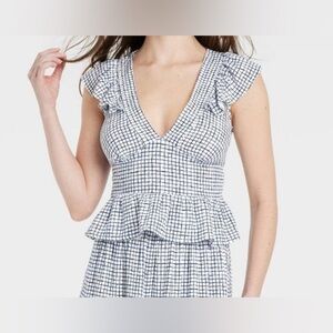 Universal Thread Women's Flutter Sleeve Blouse - Blue Gingham Size Large